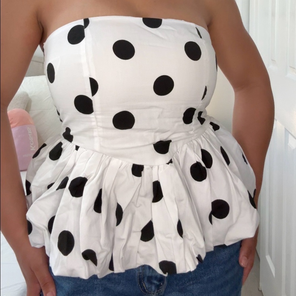 stradivarius White Strapless Peplum Top with Black Polka Dots - Picture 4 of 5